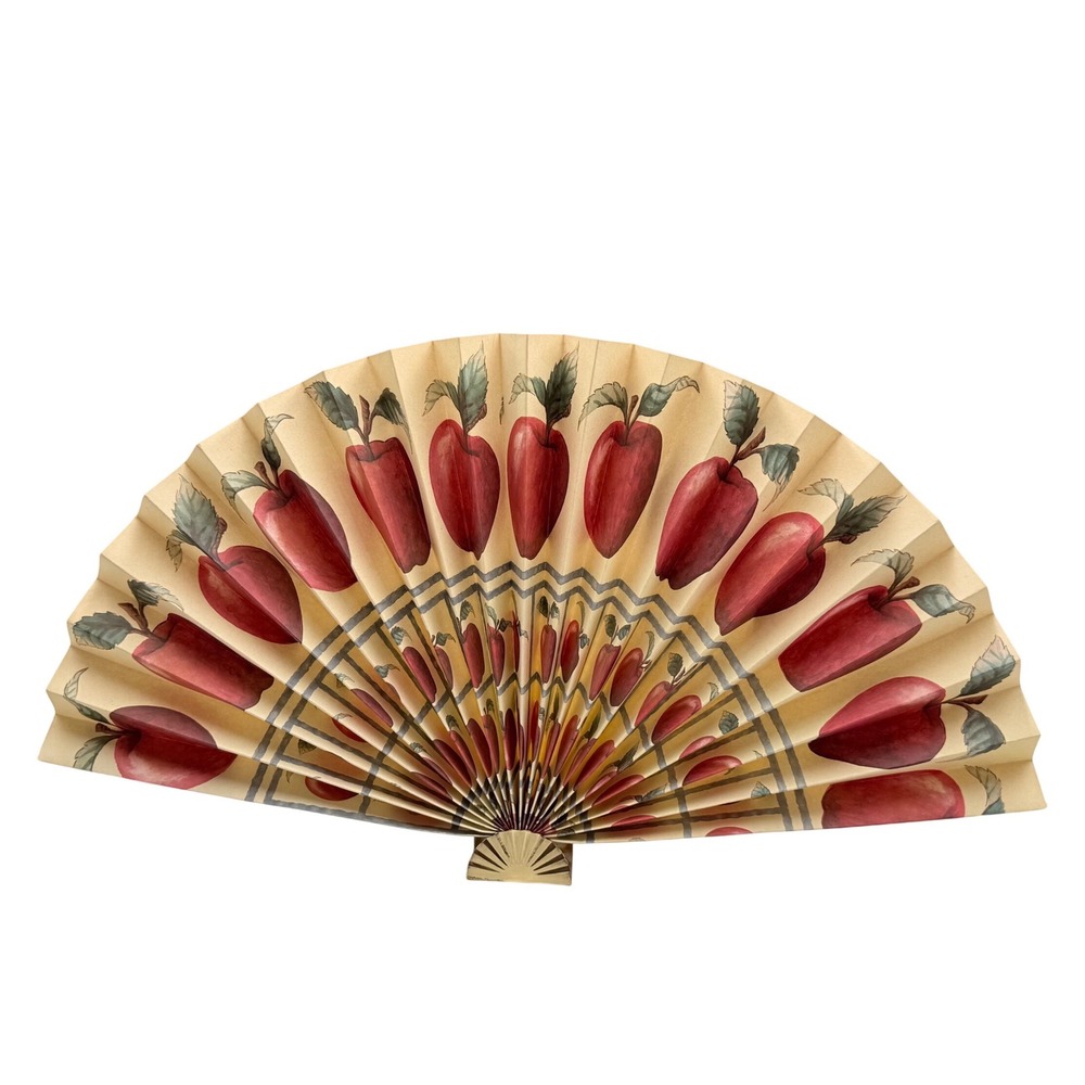 Vintage Apple Print Folding Paper Hand Fan Cream Red Gold Base Decor Accessory